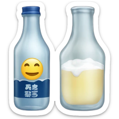 bouteille de saké avec étiquette et verre avec liquide transparent/bleuté sticker