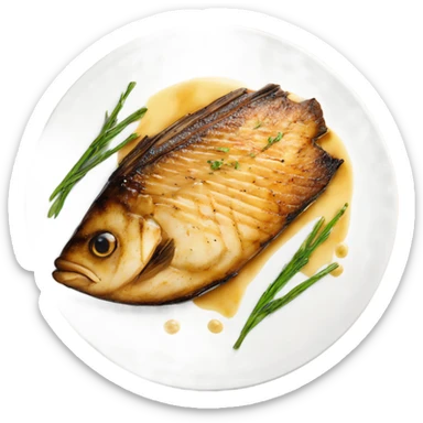 grilled fish fillet with brown butter sauce on white plate sticker
