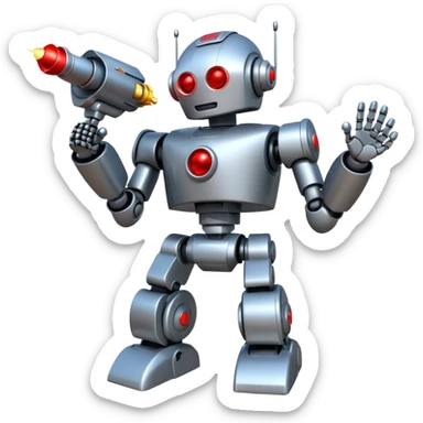 robot being hit with a red beam by a flying robot sticker