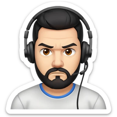 Furious man with furrowed brows, scowling face, black hair, brown eyes, black beard wearing a gaming headset sticker