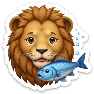  A lion eating a fish, feeling sad, cry, portrait, bust up sticker