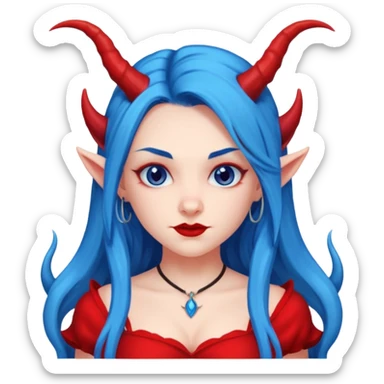 Female devil with long blue hair and horns,  cute face, half body sticker