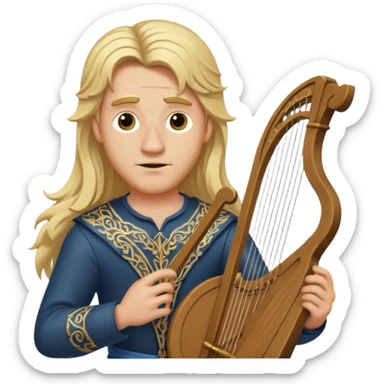 Man with long blonde hair looking overconfidentn holding a lyre sticker