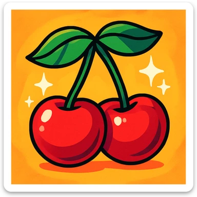 two cherries with green leaves, connected by stems, vibrant toon style, depth, playful colorful look, sparkle effect around the cherries sticker