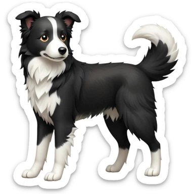 cinematic-[border collie dog]-realistic-full-body-sitting-emoji,-tail-resting-loosely-beside-its-paws,-head-tilted-dramatically,-scruffy-[black and white]-fur,-simplified-yet-realistic-focused-features,-highly-detailed,-glowing-with-an-almost-sarcastic-glow sticker