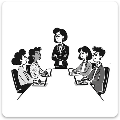 Executive employer at head of meeting table with team sticker
