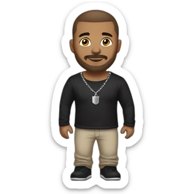 man with short brown hair shaved on the sides, low beard, eyebrow piercing, with a silver chain around his neck and wearing a black t-shirt sticker