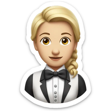 a female butler with a professional and elegant demeanor. She has her hair neatly tied in a ponytail and wears a classic butler uniform, including a tailored vest, crisp white shirt, and bow tie. sticker