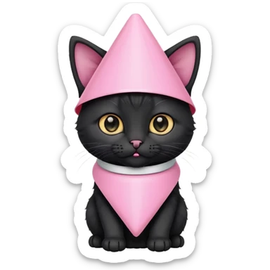 A mostly black kitten with a white chest and a plastic cone on around his head after surgery sticker