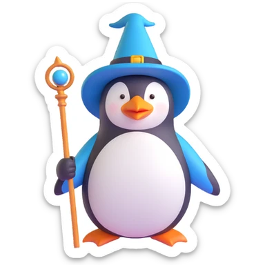 3D emoji of a penguin wearing a wizard hat and holding a staff sticker