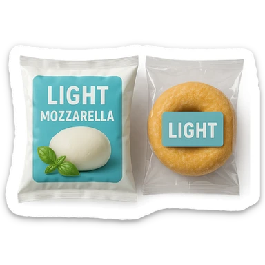 PACCHTTO DI MOZZARELLA LIGHT CON LA SCRITTA "LIGHT" SULLA CONFEZIONE, ACCANTO AD UN DONUT CONFEZIONATO CON LA SCRITTA "LIGHT" SULL'ETICHETTA,  iperrealistico 4k sticker