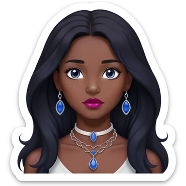 woman katara dark skin freckles dark black long hair reddish pink lipstick choker necklace with sapphire pendant sticker