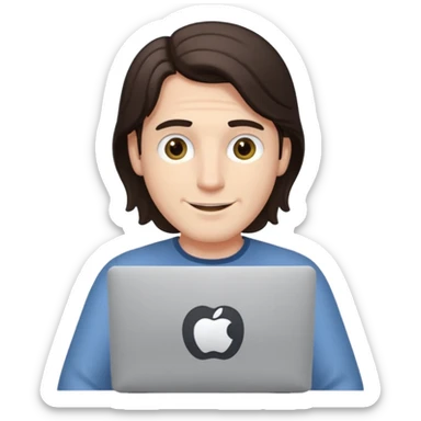 A white brunette man in his mid 20s, middle part average dude with slightly droopy eyes, happy, using a MacBook (no logo), hero for an iOS developers website sticker