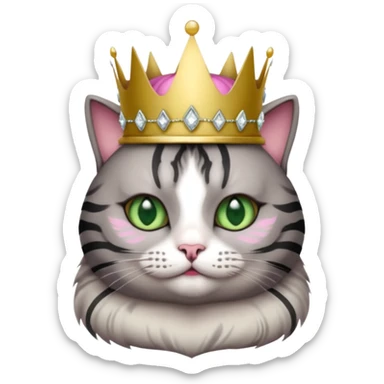 Gatito gris oscura con rayas negras ojos verdes vestida de reina con coronas y diamantes, más peluda y gordita  sticker