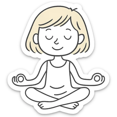 a blonde girl with a short haircut in a white dress sitting in a lotus position and meditating with a background sticker