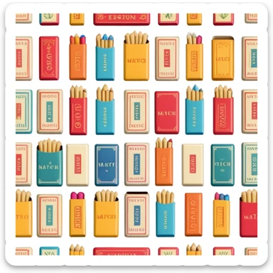 Icon for Matchbox Collecting: a collection of colorful vintage matchboxes arranged in a row, with the match tips visible on the sides. The icon should highlight the unique design and charm of the matchboxes from various places. Transparent background. sticker