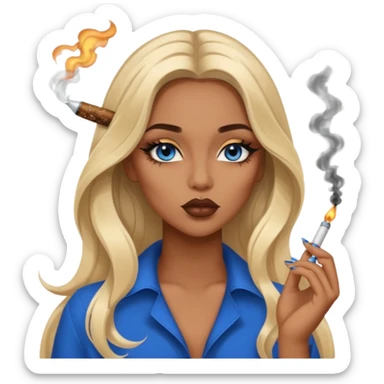 blonde balayage gorgeous girl blue eyes long hair with latina makeup smoking a cigarette and blowing smoke baddie winged eyeliner Long nails sticker