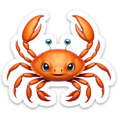 Cinematic Cute Baby Crab Portrait Emoji, Head tilted playfully and inquisitively, featuring an adorably small form with a delicately patterned carapace, round, sparkling eyes, and tiny, endearing pincers, Simplified yet irresistibly adorable features, highly detailed, glowing with a warm, friendly coastal glow, high shine, affectionate and lively, stylized with a touch of seaside whimsy, soft glowing outline, capturing the essence of a mischievous yet loving baby crab that seems as if it could pinch its way out of the screen into your arms! sticker