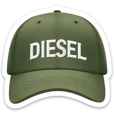 Deep army green Diesel cap, isolated hat with white handwritten Diesel text and the brand's logo below it, no human sticker