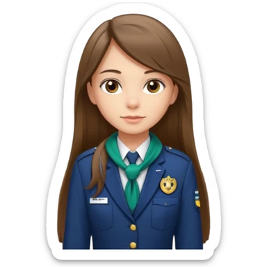 Young girl, long brown straight hair, wearing uniform jacket with hotel name badge, tasteful scarf, stand behind the desk

 sticker