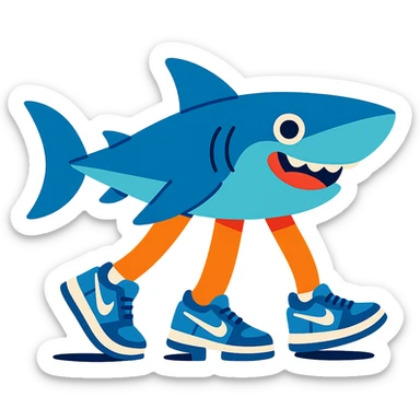 a stylized shark with three legs, each foot in a blue Nike tennis shoe, cheerful expression sticker