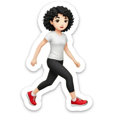 generate a pretty bratz fair skinned girl with curly black hair wearing a white tshirt trekking on a hill with red sneakers on and black leggings sticker