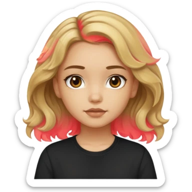 Light skinned girl with dirty blonde wavy hair and deep brown eyes and a black square shirt sticker