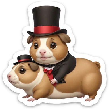 a cute guinea pig wearing a top hat riding on the back of a chubby pug sticker