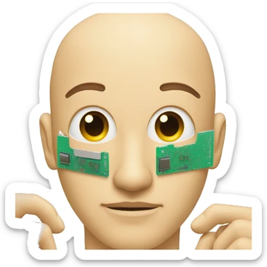 a man with half of his face tilted to the side, and microchips a inside sticker