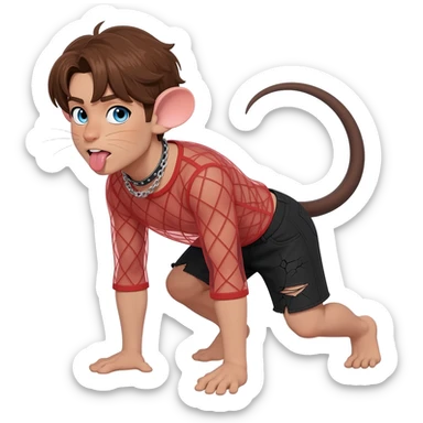 slim man with brown curry hairs and blue eyes with rat ears and rat tail in red transparent net top and black torn shorts is standing on the fours with his tongue out and wearing a leashed collar sticker