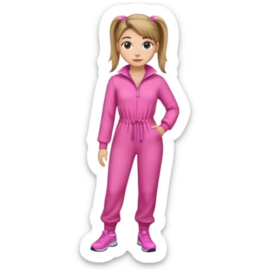 Woman dark blond hair ponytail pink  full body jumpsuit  sticker