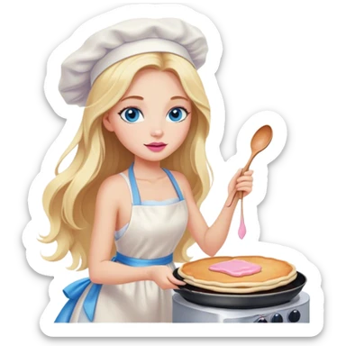 Cinematic realistic beautiful blonde with long hair, blue eyes and pink lips in a white dress cooks pancakes sticker