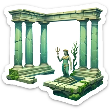 Simple Atlantis underwater ruins with a large sunken statue, fallen columns, broken , ancient Greek-style statue partially broken, coral and water sticker