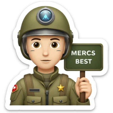 a scifi animated soldier holding a sign  text saying mercs we are the best in gif sticker