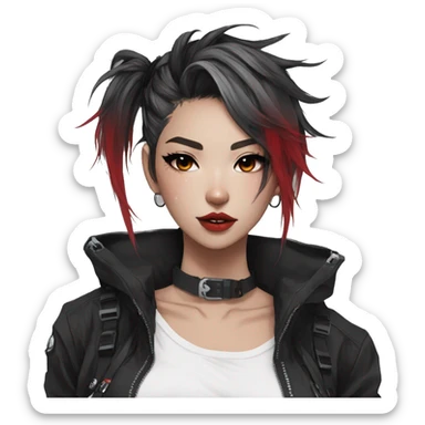 Gorgeous techwear anime style lady with blushing face aesthetic and pretty edgy black red white punk messy hair with collar and harness trending style sticker