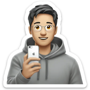 korean man in grey hoodie taking selfie with iphone sticker