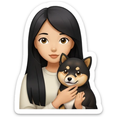 A girl with long black straight hair holding a black Shiba Inu sticker