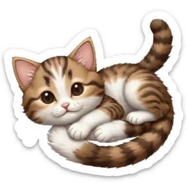 dark brown tabby and white kitten in funny positions stretched our upside down with eyes closed sticker