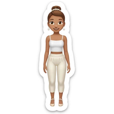 Full body, Light brown skin girl, brown hair in bun, smiling, white tube top, pearl earrings sticker