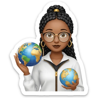 a young woman wearing fine gold round glasses and black hair in several box braids, no earrings, she has light black skin, and she's wearing a white shirt with a black quarterzip. She's holding a globe in one hand sticker