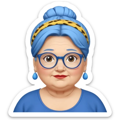 fat old woman with blue big bun hair and glassess and headband, no earrings sticker