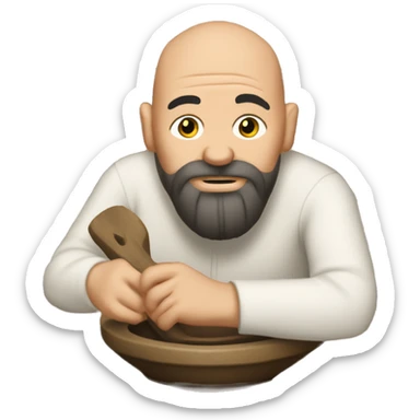 a bald white middle-aged man with a small black beard sits at a pottery wheel sticker
