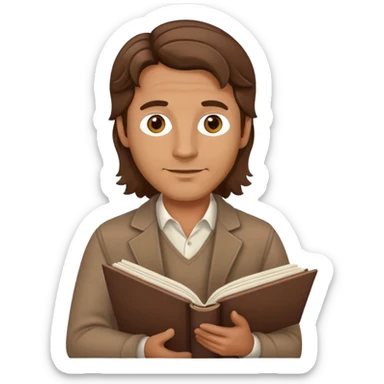 man in his 40s with tidy wavy hair, no glasses, holding open book sticker