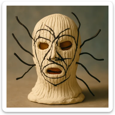 The mask is a full-head, white knitted balaclava with a tight ribbed texture. It features two asymmetrical eye openings and a partially exposed mouth area. Black thread is stitched across the surface in chaotic, abstract lines that trace facial features, giving a hand-drawn effect. Several black cords extend outward from the mask, varying in length and direction, adding a sculptural, almost organic appearance. The overall look is bold, handcrafted, and visually striking. sticker