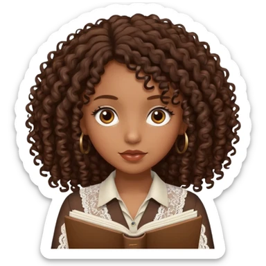 dark brown girl with curly hair writing in girly lace notebook sticker