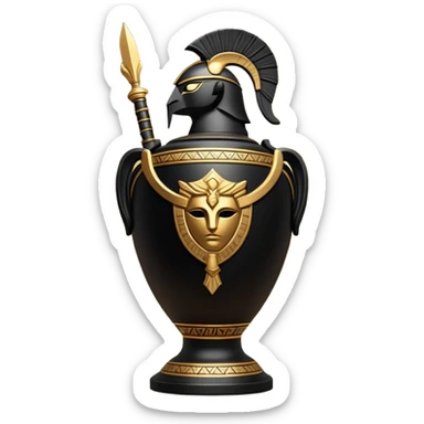 Cinematic-realistic Grecian urn, an exquisite black-figure pottery masterpiece resting in the dim glow of an ancient temple. Intricate golden depiction of a warrior holding a spear, telling timeless myths of heroism and tragedy.  sticker
