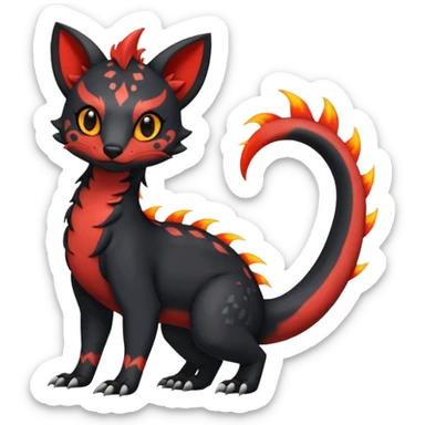 Rare realistic cute gothic Salandit-Litten-Quilava-Civet-species-Fakemon-hybrid-creature, with fiery markings, full body sticker