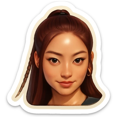 Create an emoji style face that very closely resembles the girl in the reference image, matching her facial features, hairstyle, and expression as accurately as possible. Focus on making the emoji look like her, with a cute but slightly mysterious or intense vibe. sticker