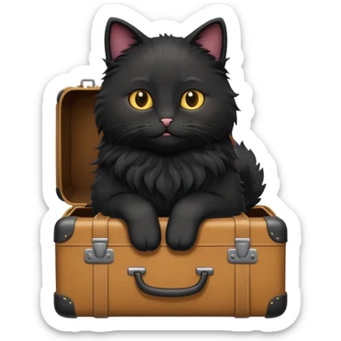 Black fluffy cat with suitcase in sunny place sticker
