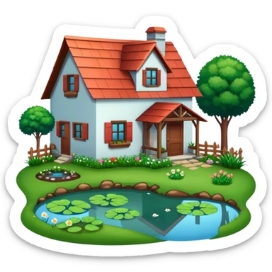 farm house with pond, garden,  sticker